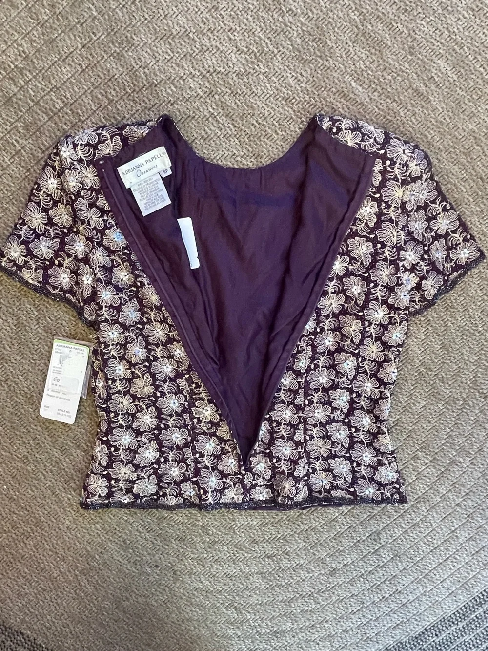 NWT vintage Adrianna Papell beaded silk short-sleeve floral top burgundy gold